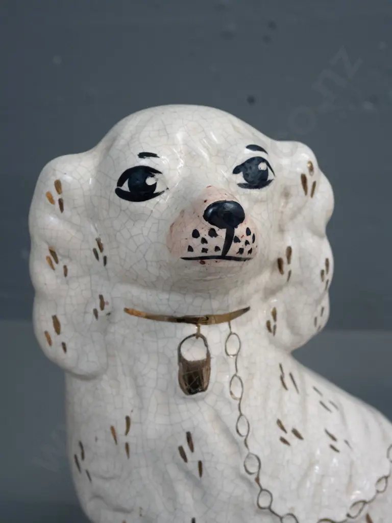 pair of Staffordshire style dog figures with craze-effect glaze, hand painted & gilt decoration - some marks and sticker Image 1++