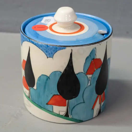 vintage Newport Pottery Clarice Cliff Bizarre lidded jam pot H-100 D-80