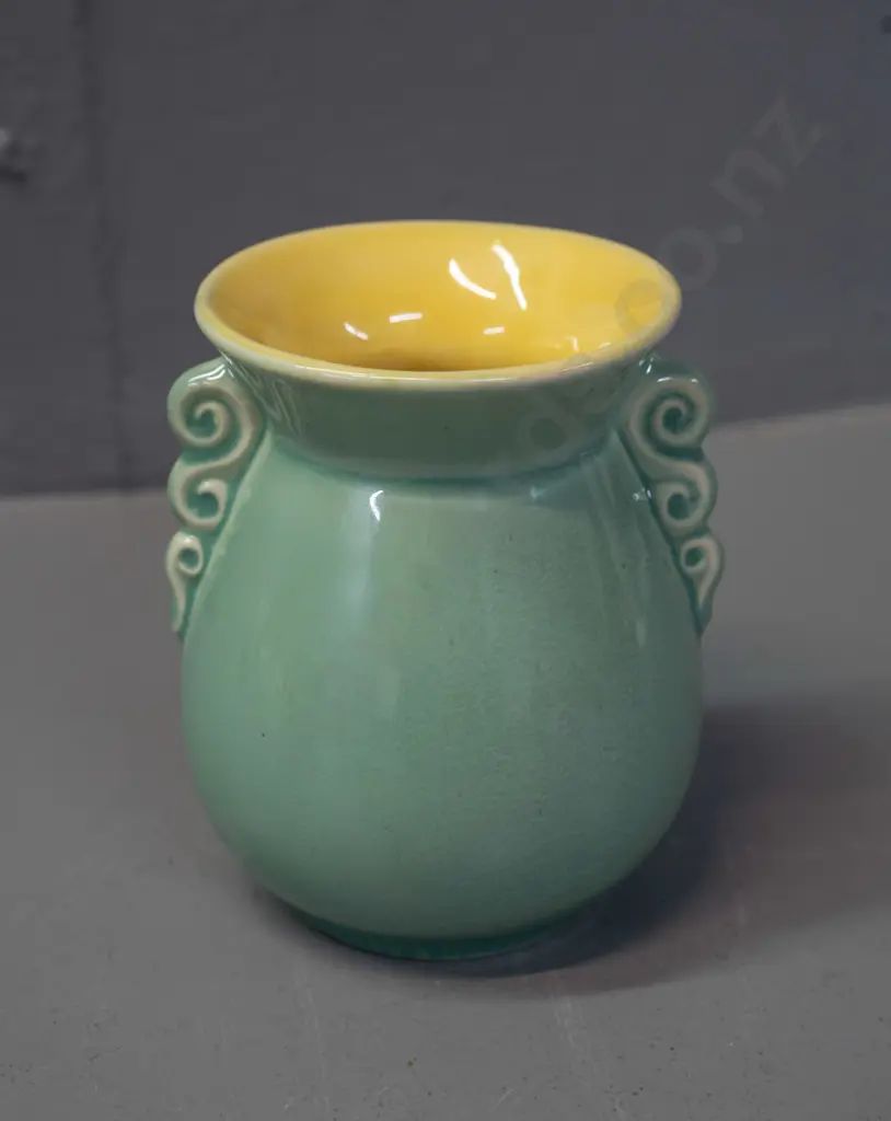 small Crown Lynn celadon green and yellow interior vase with flared rim - number .130. on base. H-100 D-80 Image 1++