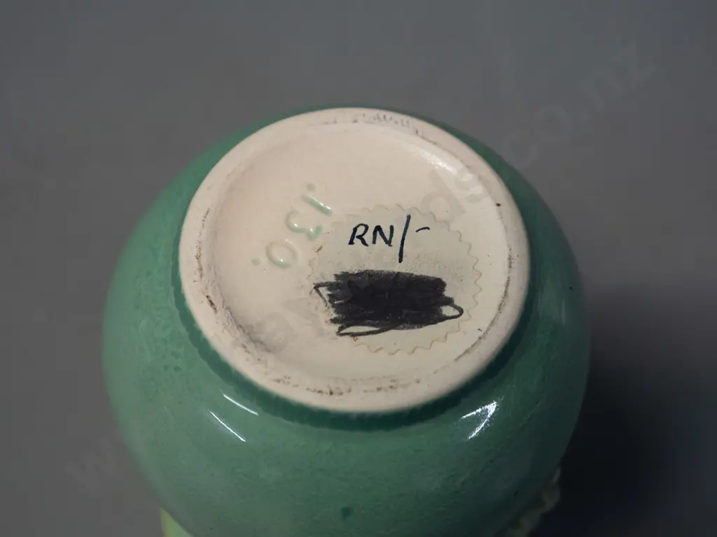 small Crown Lynn celadon green and yellow interior vase with flared rim - number .130. on base. H-100 D-80 Image 1++