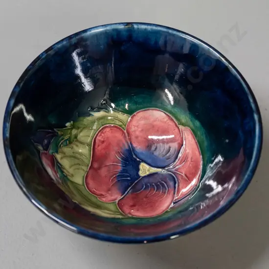vintage small dark blue pansy tube-lined Moorcroft flared-side bowl / dish D-110 - see photos for maker's marks