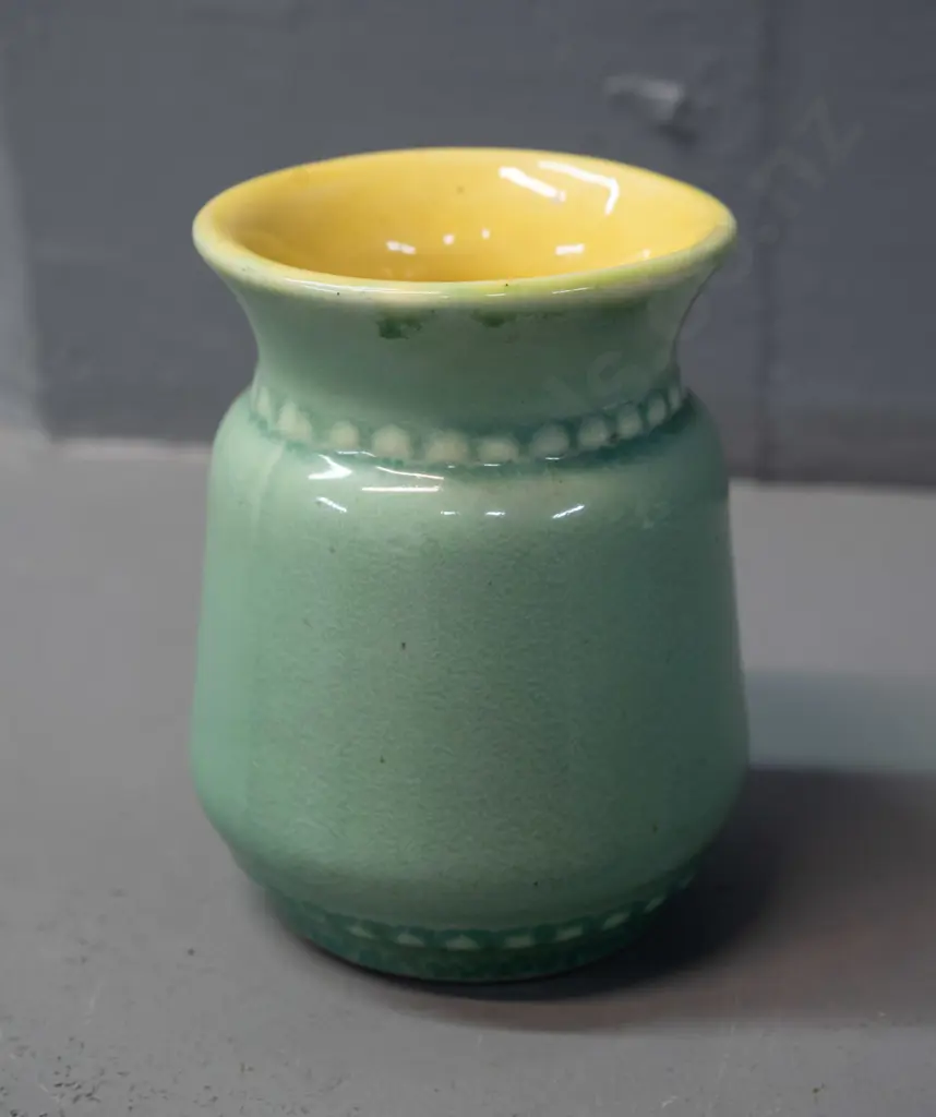 small Crown Lynn celadon green and yellow interior vase with beaded bands - small firing fault or glaze chip H-100 D-70 Image 1++