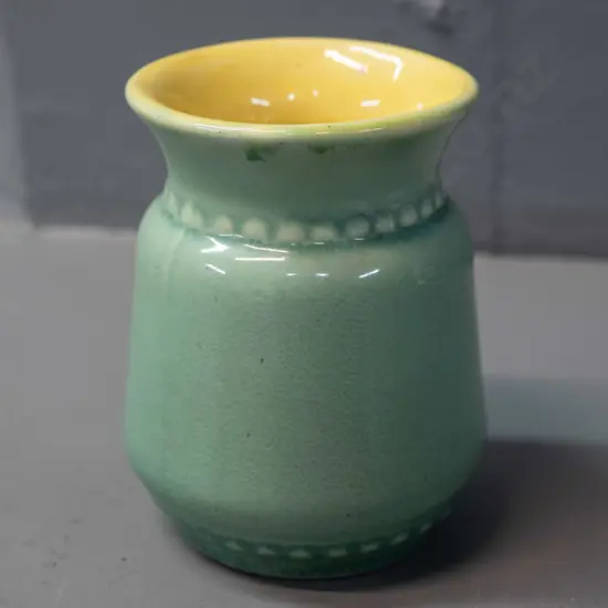 small Crown Lynn celadon green and yellow interior vase with beaded bands - small firing fault or glaze chip H-100 D-70