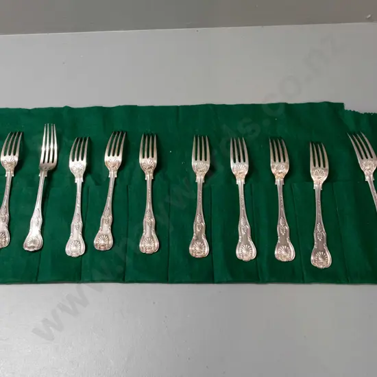 King's pattern silver cutlery - 12x large forks, L-200, several different hallmarks, 100 -112 grams each, in fitted felt