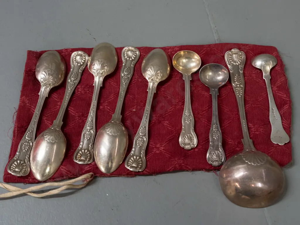 King's pattern silver cutlery - 5 teaspoons, ladle L-170, 2 small ladles, one odd EPNZ condiment spoon - sterling items Image 1++