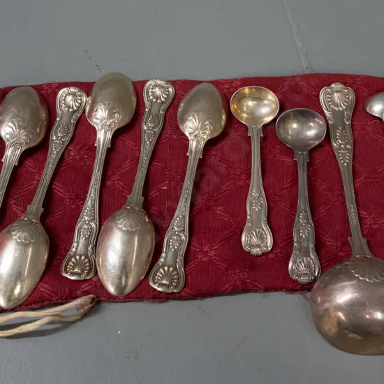 King's pattern silver cutlery - 5 teaspoons, ladle L-170, 2 small ladles, one odd EPNZ condiment spoon - sterling items