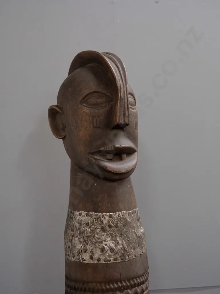 very heavy carved timber African figure, base carved from hardwood tree trunk, with white metal neck band applied with Image 1++