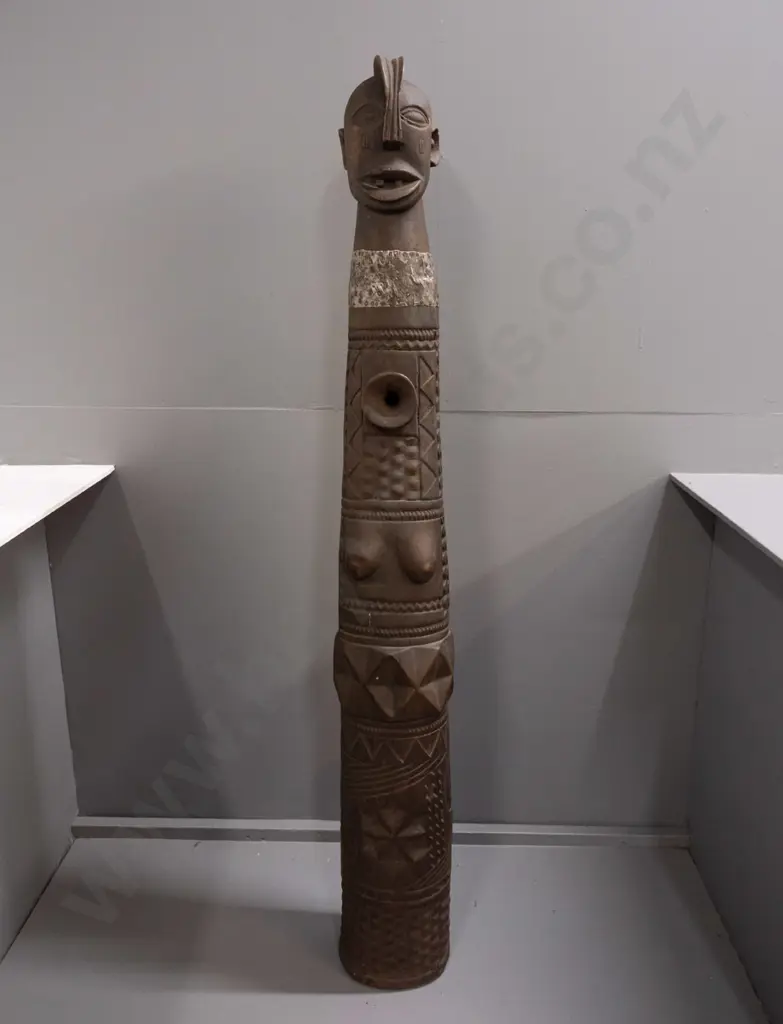 very heavy carved timber African figure, base carved from hardwood tree trunk, with white metal neck band applied with Image 1++
