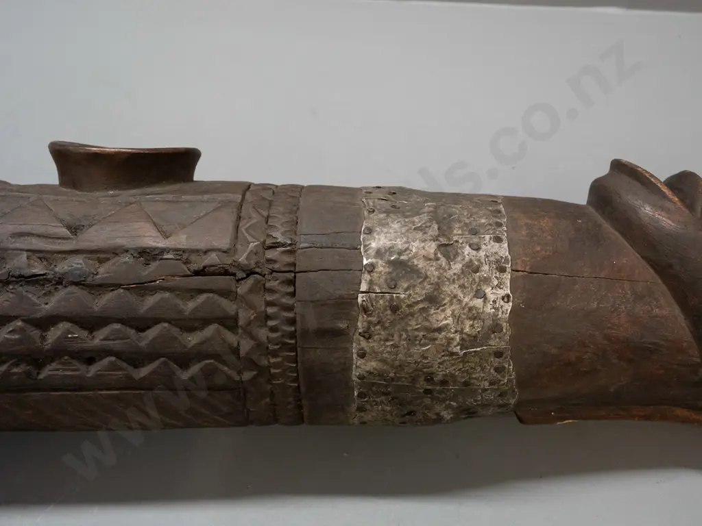 very heavy carved timber African figure, base carved from hardwood tree trunk, with white metal neck band applied with Image 1++