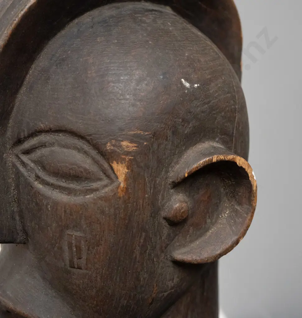 very heavy carved timber African figure, base carved from hardwood tree trunk, with white metal neck band applied with Image 1++