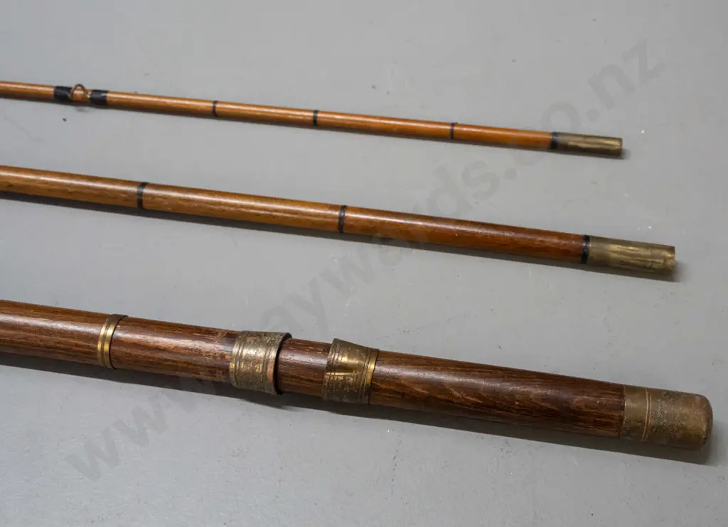 vintage 3 piece timber fly fishing rod with brass ferrules, no reel  - handle section is L-1260 Image 1++