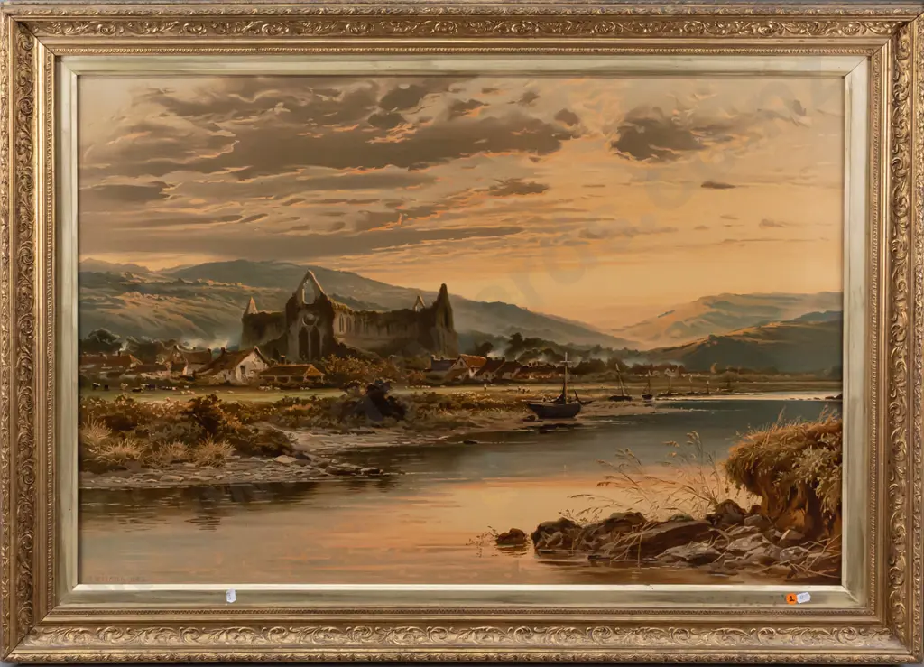 BW Leader -- ornately framed reproduction, landscape w/ ruins village & boats. H-645 W-950 [some small repairs visible] Image 1++