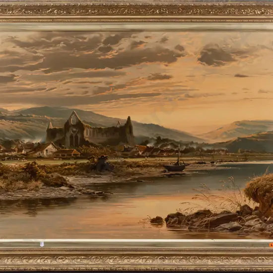 BW Leader -- ornately framed reproduction, landscape w/ ruins village & boats. H-645 W-950 [some small repairs visible]