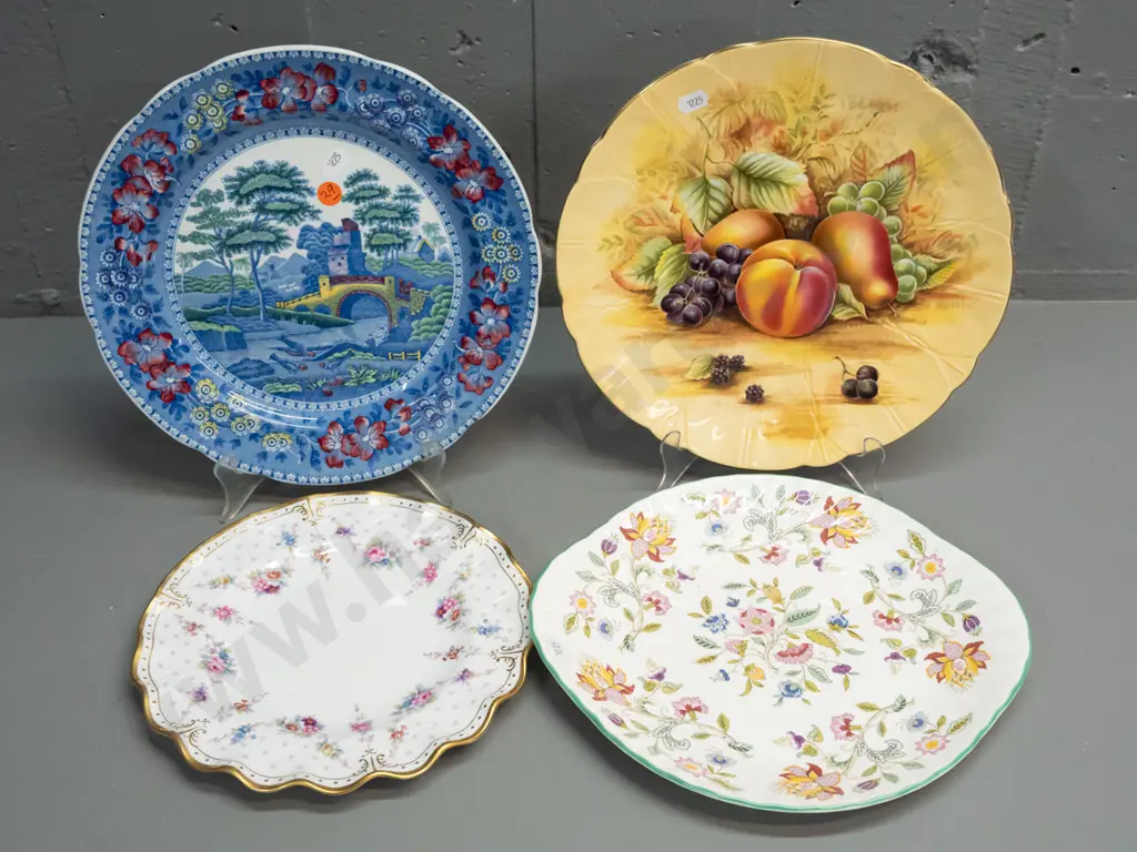 4 English china plates - Aynsley Orchard Gold, Copeland Spode, Crown Derby and Haddon Hall (Royal Doulton) fine floral Image 1++