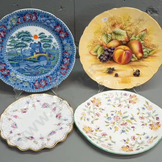 4 English china plates - Aynsley Orchard Gold, Copeland Spode, Crown Derby and Haddon Hall (Royal Doulton) fine floral
