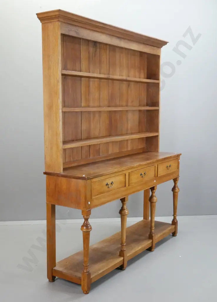Vintage oak Georgian style open shelved dresser, shaped cornice above 3 shelves, 3 drawers with Image 1++