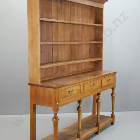 Vintage oak Georgian style open shelved dresser, shaped cornice above 3 shelves, 3 drawers with