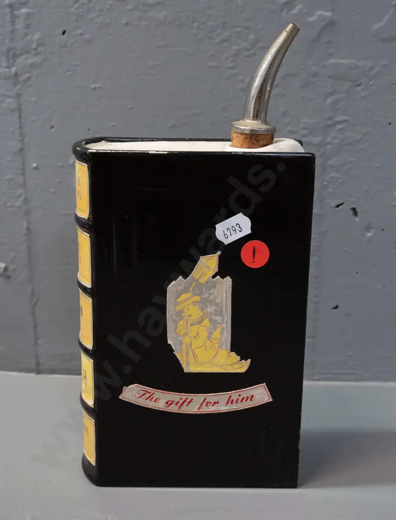 vintage German pottery Scotch whisky flask in book shape with paper labels and metal & cork pourer - some glaze wear Image 1++