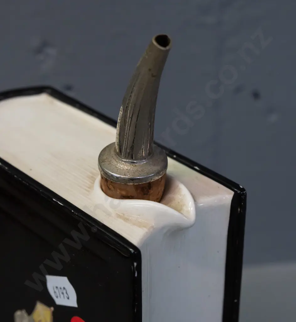 vintage German pottery Scotch whisky flask in book shape with paper labels and metal & cork pourer - some glaze wear Image 1++