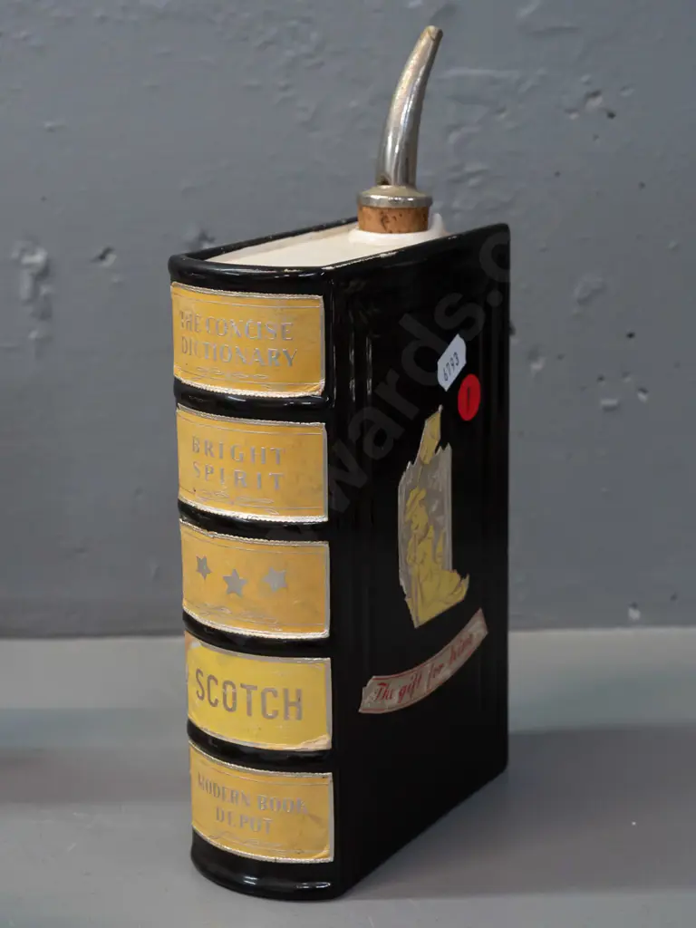 vintage German pottery Scotch whisky flask in book shape with paper labels and metal & cork pourer - some glaze wear Image 1++