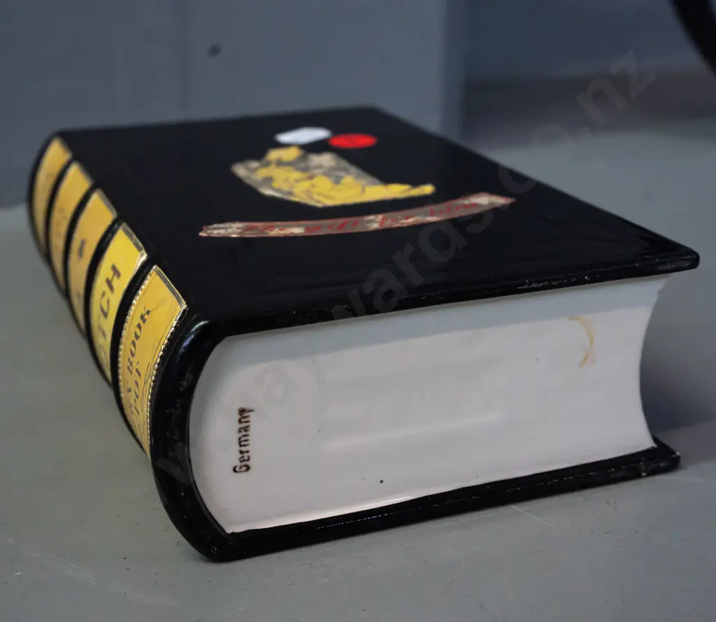 vintage German pottery Scotch whisky flask in book shape with paper labels and metal & cork pourer - some glaze wear Image 1++