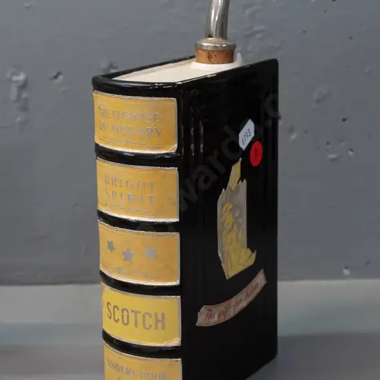 vintage German pottery Scotch whisky flask in book shape with paper labels and metal & cork pourer - some glaze wear