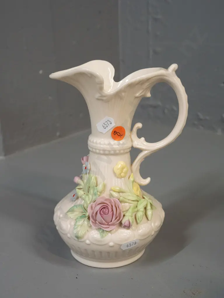 Belleek green mark ewer shaped jug with floral decoration H-190 W-120 Image 1++