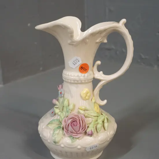 Belleek green mark ewer shaped jug with floral decoration H-190 W-120