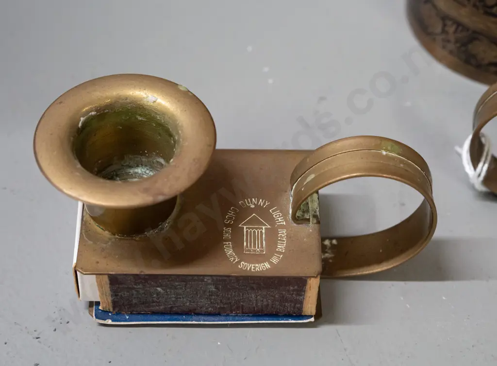 2 brass chambersticks marked Soho Dunny Light / Soho Foundry / Sovereign Hill Ballarat and a brass vase with Image 1++