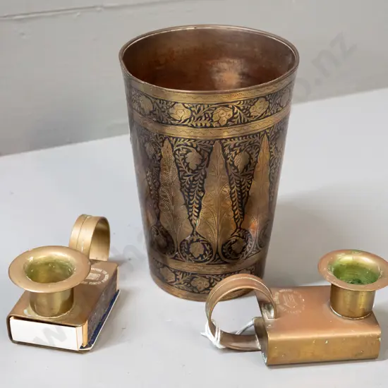 2 brass chambersticks marked Soho Dunny Light / Soho Foundry / Sovereign Hill Ballarat and a brass vase with