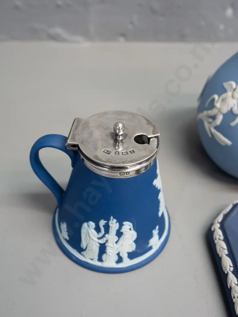 Wedgwood jasperware - light blue bottle vase & dish, dark blue small condiment with sterling silver rim and hinged lid Image 1++