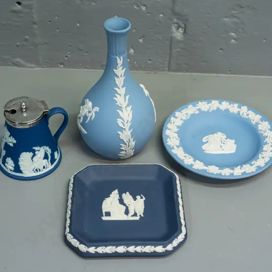 Wedgwood jasperware - light blue bottle vase & dish, dark blue small condiment with sterling silver rim and hinged lid