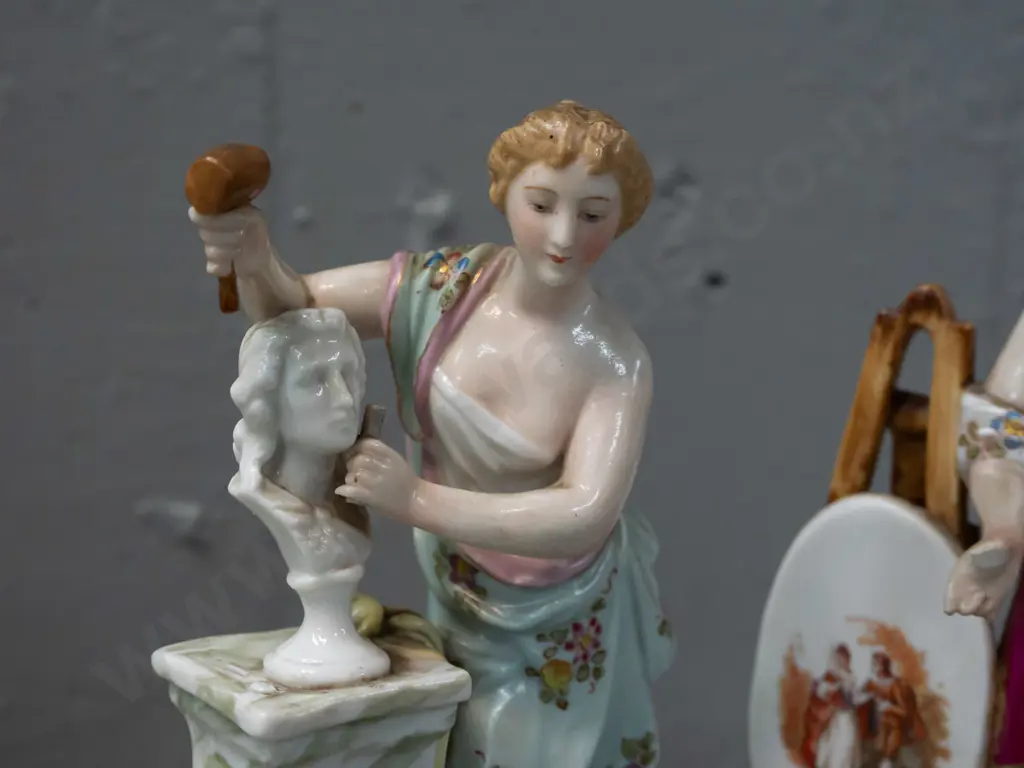 2 continental porcelain figurines -  sculptor with chisel and artist - unknown mark, see photos. Painter missing a Image 1++