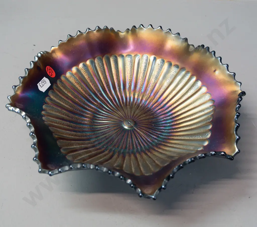 dark red carnival glass frilled edge bowl with underscored "N" mark in centre H-70 D-250 Image 1++