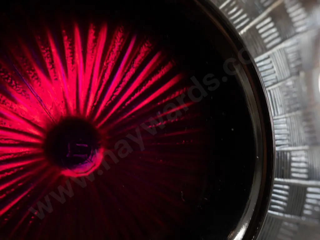 dark red carnival glass frilled edge bowl with underscored "N" mark in centre H-70 D-250 Image 1++