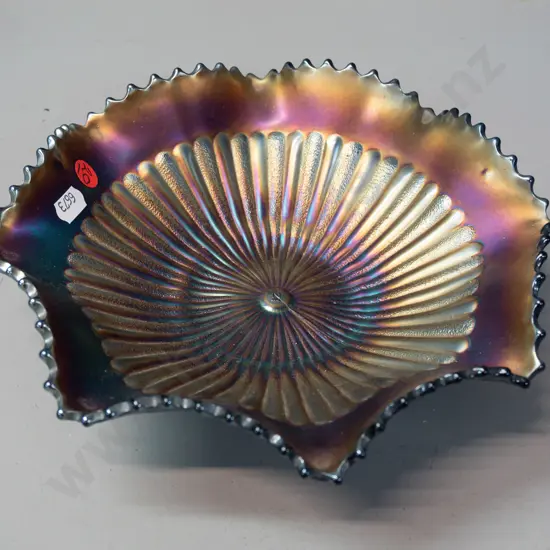 dark red carnival glass frilled edge bowl with underscored "N" mark in centre H-70 D-250