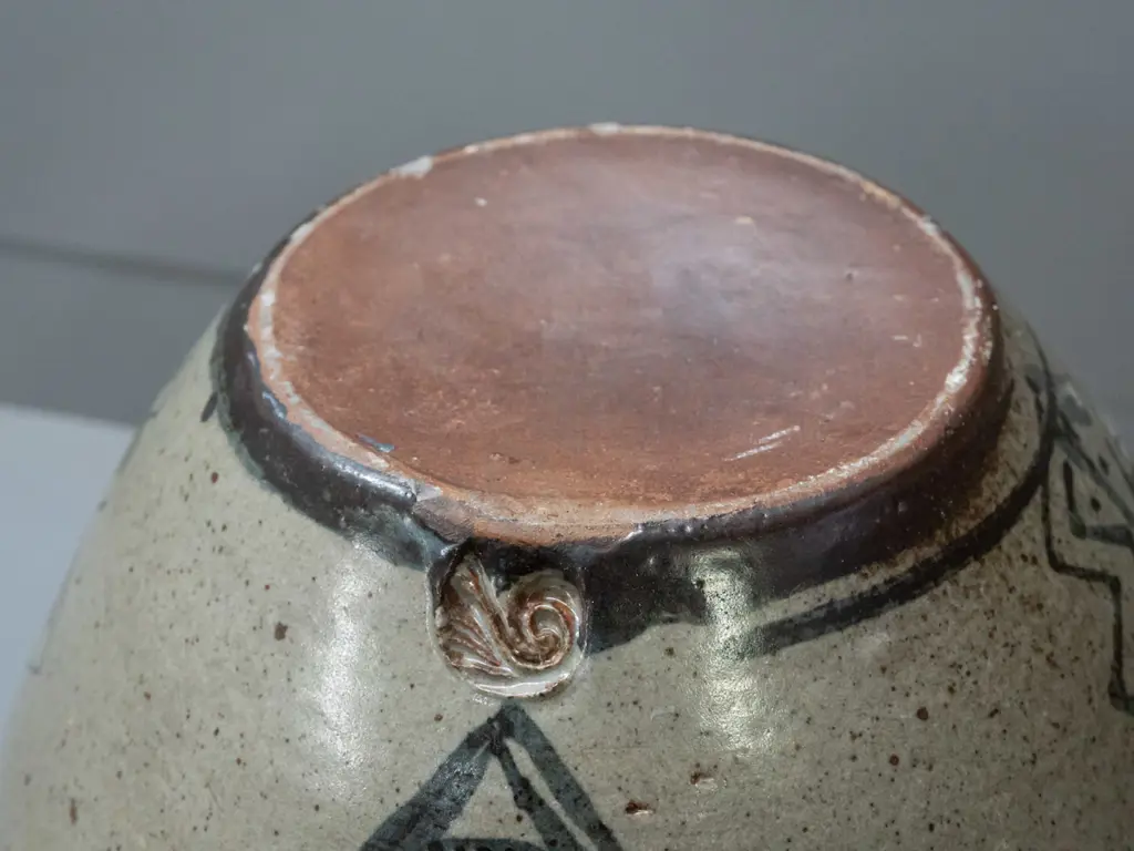 large studio pottery lidded pot with applied handles, primitive animal and figural motifs, unknown potter's mark - a few Image 1++