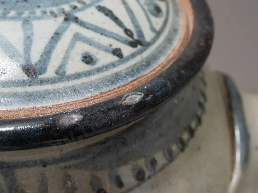 large studio pottery lidded pot with applied handles, primitive animal and figural motifs, unknown potter's mark - a few Image 1++