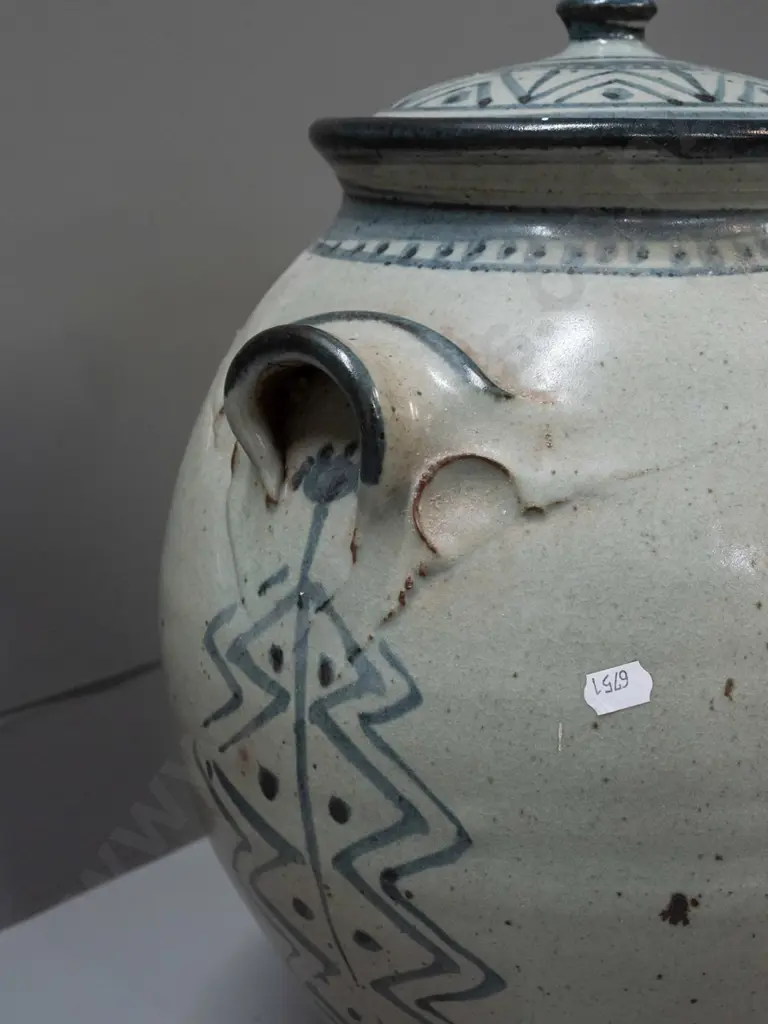 large studio pottery lidded pot with applied handles, primitive animal and figural motifs, unknown potter's mark - a few Image 1++
