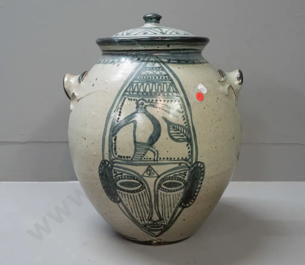 large studio pottery lidded pot with applied handles, primitive animal and figural motifs, unknown potter's mark - a few Image 1++
