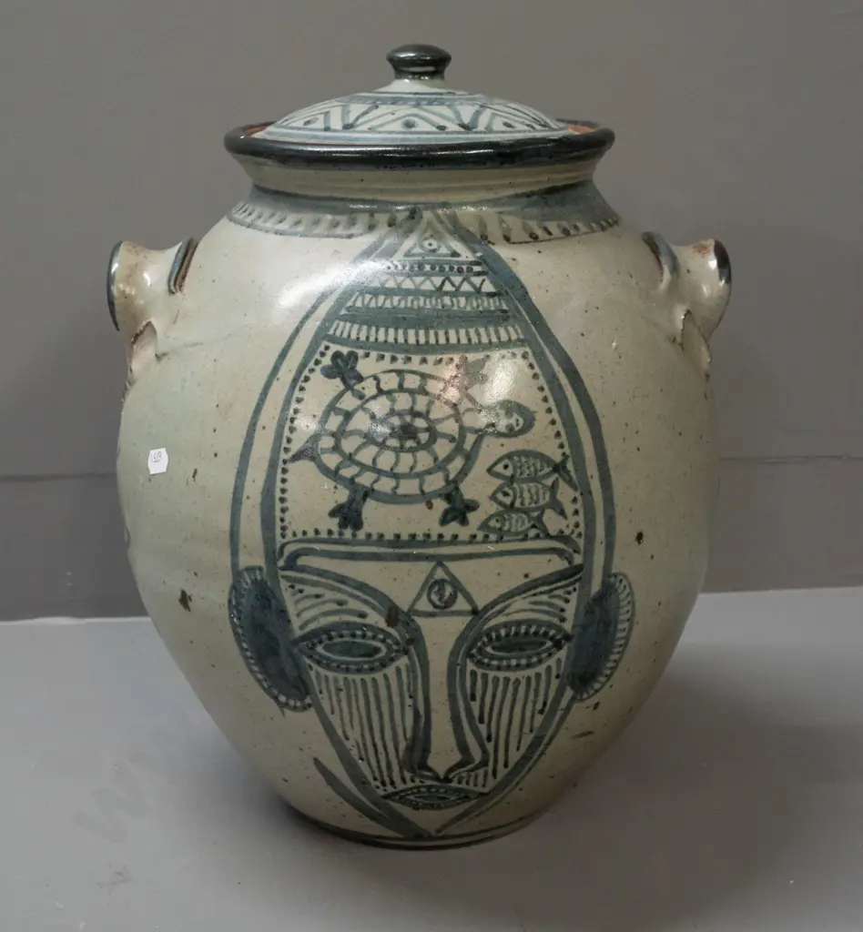 large studio pottery lidded pot with applied handles, primitive animal and figural motifs, unknown potter's mark - a few Image 1++