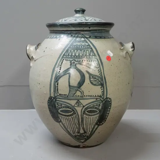 large studio pottery lidded pot with applied handles, primitive animal and figural motifs, unknown potter's mark - a few