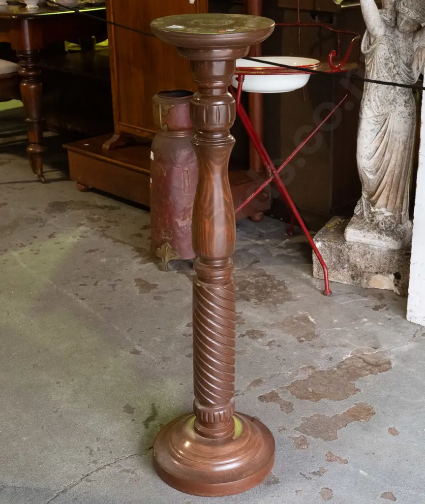 traditional style timber plinth / plant stand with turned column, spiral decoration, circular base - water stains to top Image 1++