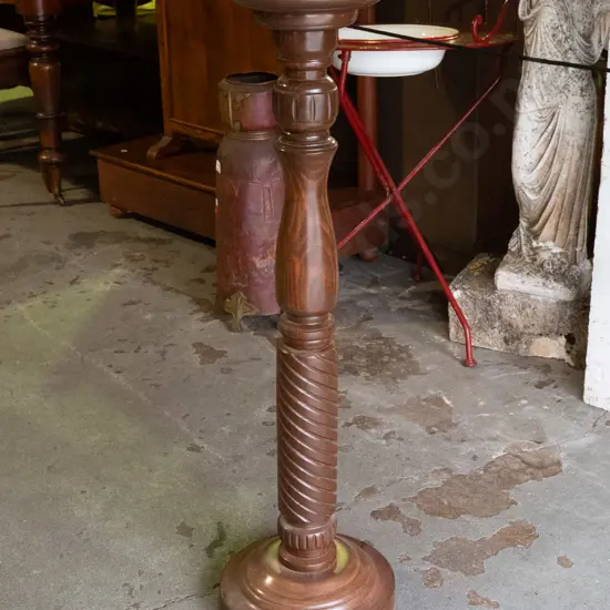 traditional style timber plinth / plant stand with turned column, spiral decoration, circular base - water stains to top