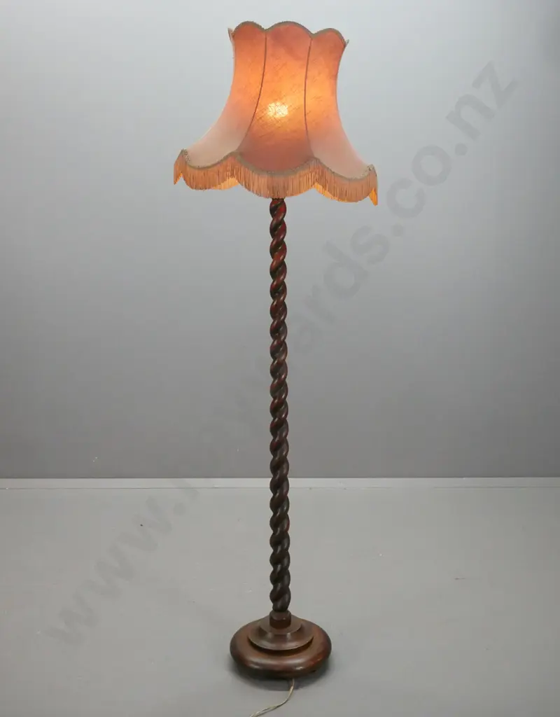 vintage oak standard lamp with Jacobean twist column, circular stepped base on bun feet, with waisted frilled shade - Image 1++