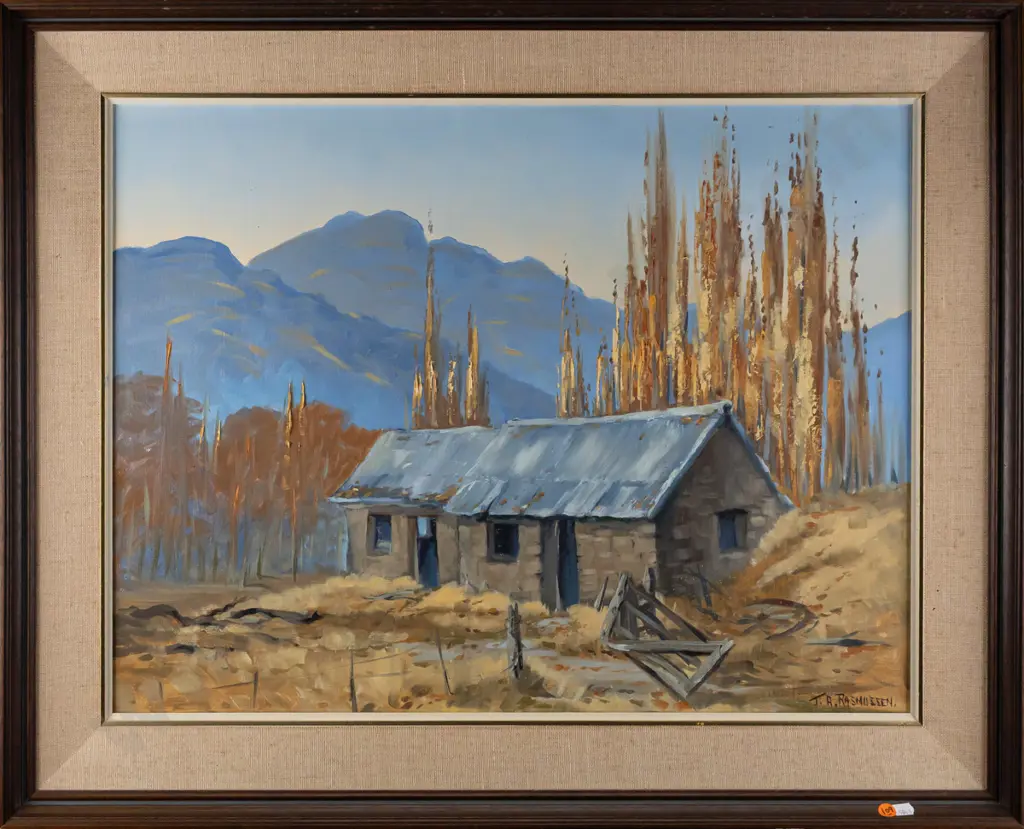 J A Rasmussen -- framed oil on board "Andrew Iversen's Cottage, Conroys"  H-485 W-640 Image 1++