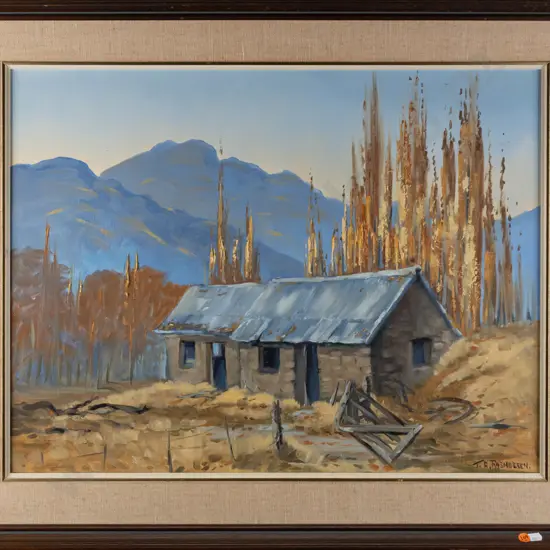 J A Rasmussen -- framed oil on board "Andrew Iversen's Cottage, Conroys"  H-485 W-640