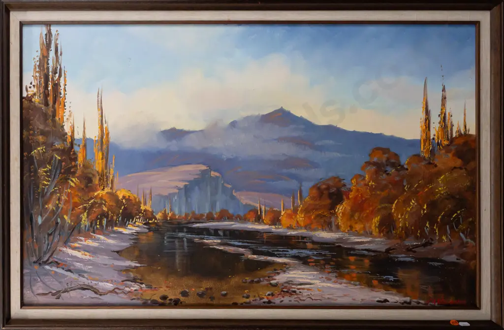 J A Rasmussen -- framed oil on board "Manuherikia River & Mt Leaning Rock" 1980 H-485 W-785 Image 1++