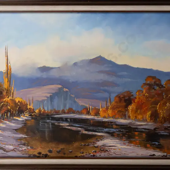 J A Rasmussen -- framed oil on board "Manuherikia River & Mt Leaning Rock" 1980 H-485 W-785