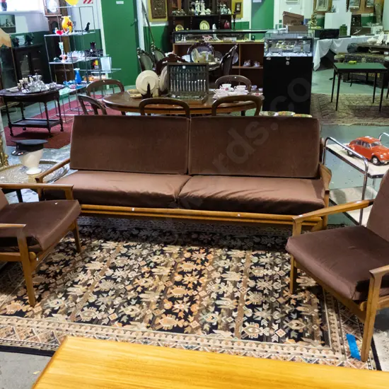 retro Don 3-piece mahogany lounge suite with Concorde shape arms, 3-seater fold-out divan settee with 3-panel cane back,